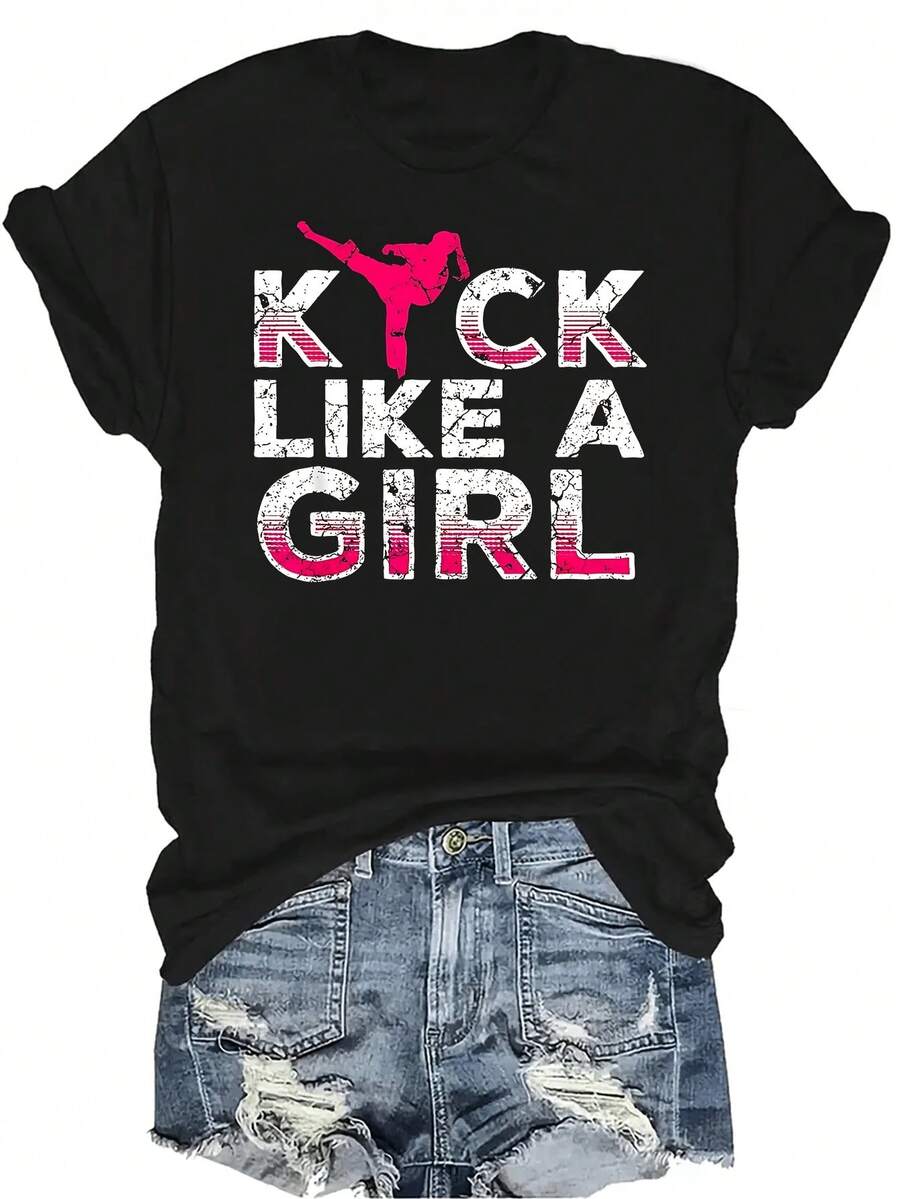 Pateo como una chica - Camiseta de karate y kickboxing para mujeres, unisex, de verano, casual, transpirable, con personalidad, de cuello redondo, de manga corta, ropa de calle, versátil, adecuada para adolescentes y adultos - Negro - Ver 1