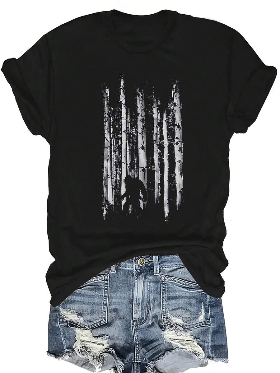 Camiseta de Sasquatch para mujer y unisex, de verano, casual, transpirable, de personalidad, cuello redondo, manga corta, ropa de calle, versátil, adecuada para adolescentes y adultos - Negro - Ver 1