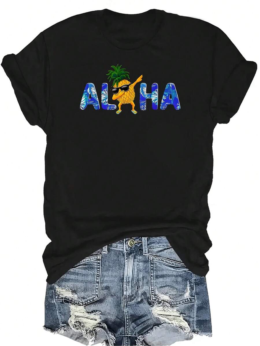 Camiseta con patrones interesantes para mujer y unisex, de verano, casual, transpirable, con cuello redondo, manga corta, estilo urbano y versátil, adecuada para adolescentes y adultos - Negro - Ver 1