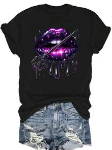 Camiseta de mujer y unisex con estampado de labios morados y llave mágica, de verano, casual, transpirable, de personalidad, de cuello redondo, de manga corta, de uso versátil, adecuada para adolescentes y adultos - Negro - Ver 1