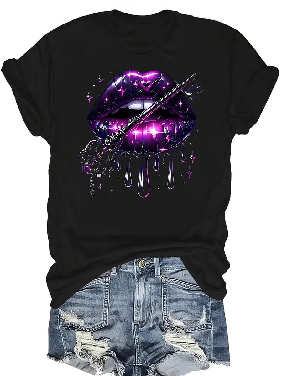 Camiseta de mujer y unisex con estampado de labios morados y llave mágica, de verano, casual, transpirable, de personalidad, de cuello redondo, de manga corta, de uso versátil, adecuada para adolescentes y adultos - Negro - Ver 1