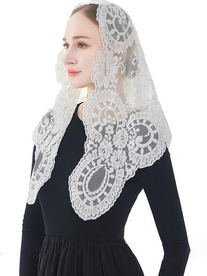 1 st broderad triangulär huvudduk, brudslöja, katolsk kyrkslöja, spetsblommig halsduk, kyrkslöja för nattvard, höst-/vinterpannband, vinterhuvudduk, höst-/vinterhåraccessoar, vinterhuvudduk för kvinnor, högtidsdräkt, håraccessoarer för kvinnor, elegant hårband