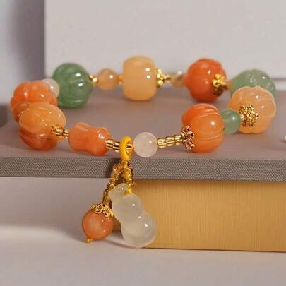 Vintage Bohemian Style Natural Stone Pumpkin Bead Bracelet, Light Luxury, Unique High-End Feel, Natural Stone Gourd Bracelet, Holiday Gift