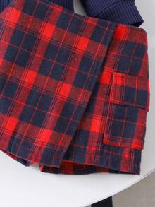 2 piezas Conjunto de niña elegante para la escuela con blusa de manga larga negra + falda a cuadros rojos y negros, ligero para primavera y otoño