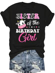 Camiseta "Hermana de la cumpleañera" para mujer, unisex, de verano, casual, transpirable, con personalidad, cuello redondo, manga corta, ropa de calle, versátil, adecuada para adolescentes y adultos - Negro - Ver 1