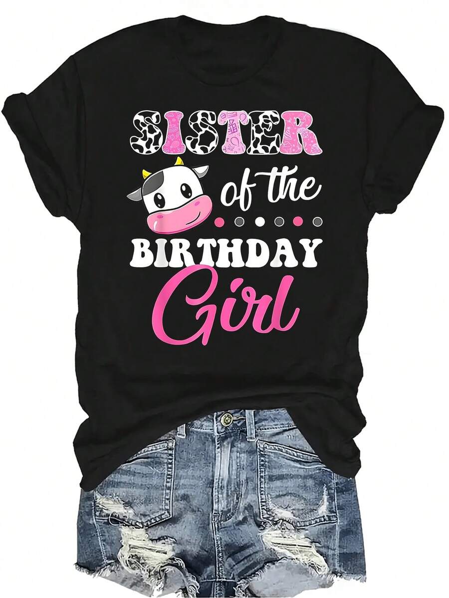 Camiseta "Hermana de la cumpleañera" para mujer, unisex, de verano, casual, transpirable, con personalidad, cuello redondo, manga corta, ropa de calle, versátil, adecuada para adolescentes y adultos - Negro - Ver 1