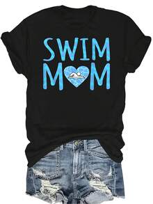 Camiseta de Mamá de Natación para Mujer Unisex, Casual de Verano, Transpirable, de Cuello Redondo, de Manga Corta, Versátil, Adecuada para Adolescentes y Adultos - Negro - Ver 1