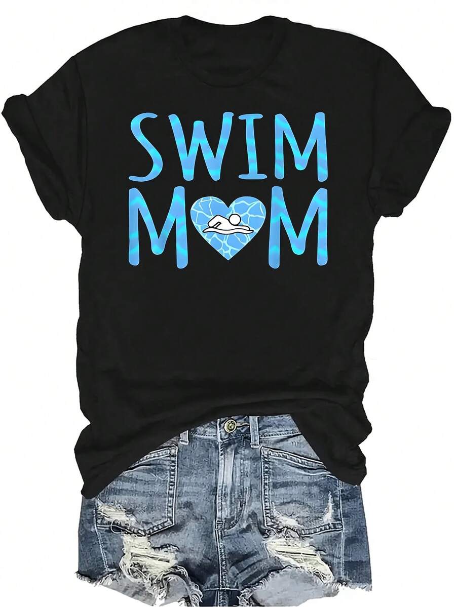 Camiseta de Mamá de Natación para Mujer Unisex, Casual de Verano, Transpirable, de Cuello Redondo, de Manga Corta, Versátil, Adecuada para Adolescentes y Adultos - Negro - Ver 1