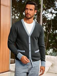 Men's Long Sleeve Button Down Knitted Cardigan Sweater With Pockets, Casual Style - Dark Grey - View 2