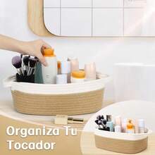 5 Piezas Canastas Organizadoras con Asa,Cesta Organizadora de Algodón,Caja Cestas de Almacenamiento,para Baño de Tela para Organizar Estantes,Baño,Juguetes,Clóset,Ropa,Maquillaje (Marrón + Blanco) - Marrón + Blanco - Ver 3
