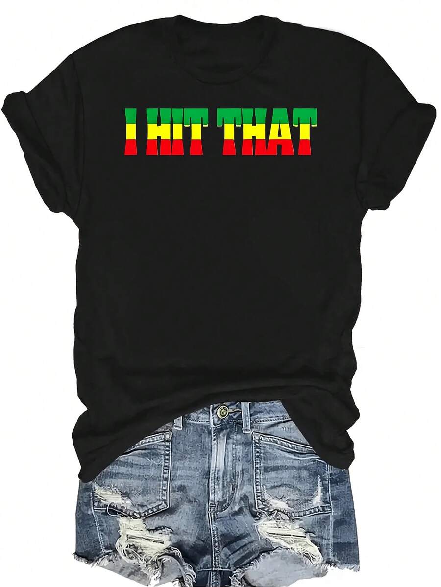 Camiseta con diseño "I HIT THAT" en colores jamaicanos, para mujer y unisex, de verano, casual, transpirable, con personalidad, cuello redondo, manga corta, ropa de calle, versátil, adecuada para adolescentes y adultos - Negro - Ver 1