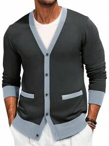 Men's Long Sleeve Button Down Knitted Cardigan Sweater With Pockets, Casual Style - Dark Grey - View 1