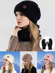 Set de 3 piezas de estilo coreano casual para mujer: gorro, bufanda, guantes, gorro de punto, adecuado para uso diario en otoño/invierno