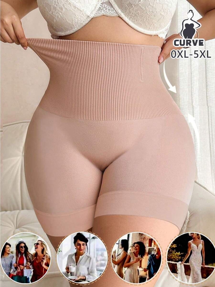 Plus Size Women High Waist Seamless Shaping Shorts - Apricot - View 1