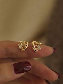 一对十字交叉心形耳环，休闲简约配饰 - 銀色 - 查看 4