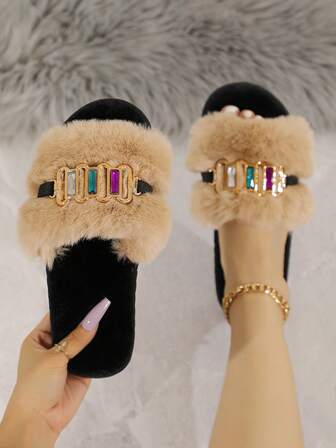 2025 New Arrival Women's Faux Fur Bling-Bling Bow & Rhinestone Decor Open Toe Comfortable Indoor Slippers, Sexy & Stylish, Suitable For Spring, Home Slippers, Fluffy/Fur, Summer, Autumn, Winter