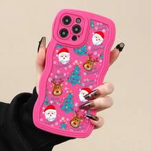 Christmas Tree, Santa Claus, Reindeer Pattern Wavy Design Shockproof Phone Case With Heart-Shaped Lanyard, Compatible With Apple 16 Pro Max, 14, 13, 12, 11 Pro Max, XS Max, X, XR, 8, 7, Plus, Suitable As Birthday Gift For Girlfriend, Family Or Personal Use