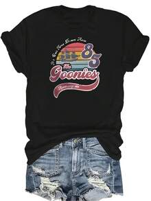 Camiseta con patrones interesantes para mujer y unisex, de verano, casual, transpirable, con cuello redondo, manga corta, estilo urbano y versátil, adecuada para adolescentes y adultos - Negro - Ver 1