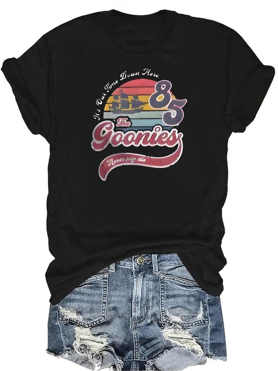 Camiseta con patrones interesantes para mujer y unisex, de verano, casual, transpirable, con cuello redondo, manga corta, estilo urbano y versátil, adecuada para adolescentes y adultos - Negro - Ver 1