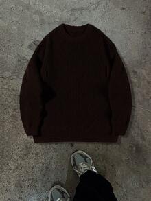 轻盈休闲针织毛衣，简约设计，宽松圆领套头衫，男女皆宜，适合秋冬季穿着。 - 棕色 - 查看 4