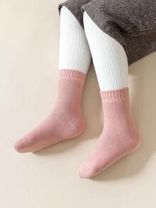 5 Pairs Girls' Wool Blend Mid-Calf Socks, Solid Colors Pink, Purple, White, Soft & Warm, Thick, Minimalist Design, Cute & Fashionable, Versatile, Suitable For Autumn/Winter