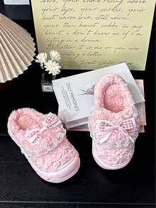 Stay Toasty In Style: Women's Pink Thick Plush Bow Slippers, Versatile For Home & Light Outdoor Use