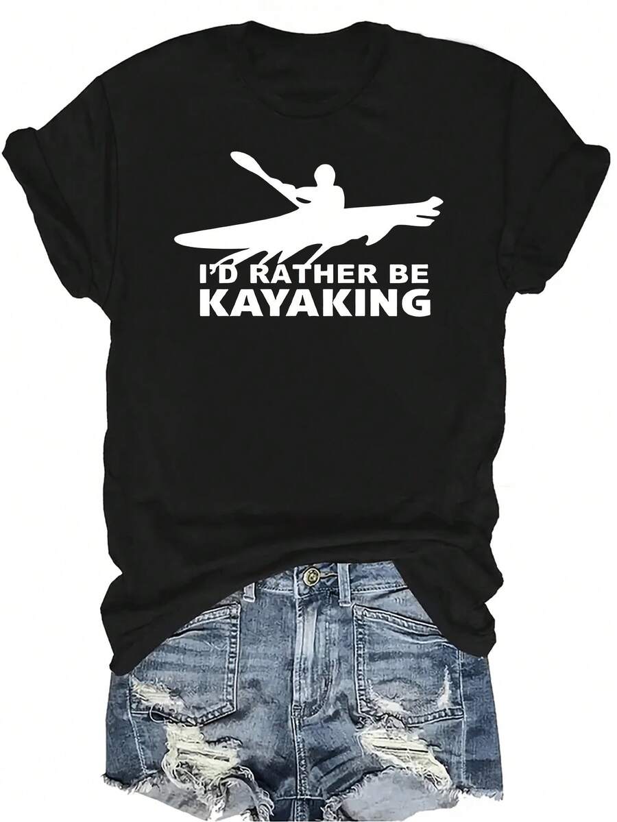 Prefiero, Camiseta con estampado gráfico de kayak para mujeres y unisex, de verano, casual, transpirable, con personalidad, cuello redondo, manga corta, ropa de calle, versátil, adecuada para adolescentes y adultos - Negro - Ver 1