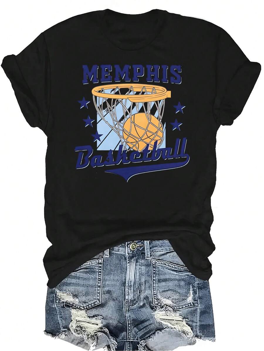 Camiseta de baloncesto de Memphis, unisex, para mujer, de verano, casual, transpirable, de personalidad, de cuello redondo, de manga corta, de streetwear, versátil, adecuada para adolescentes y adultos - Negro - Ver 1