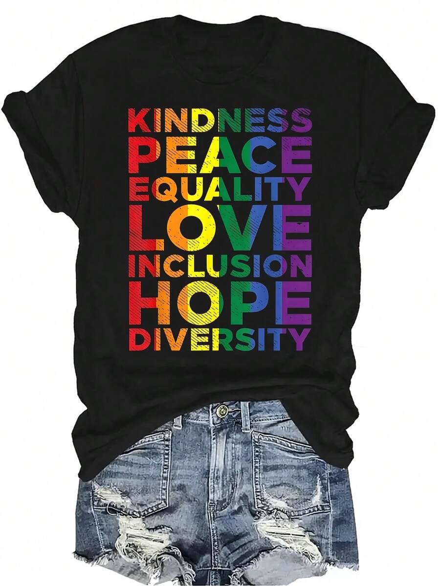 Camiseta de Mujer y Unisex de Manga Corta con Cuello Redondo, Estilo Casual y Transpirable, con Estampado de Orgullo LGBTQ+ que representa Amabilidad, Paz, Amor, Igualdad, Inclusión y Diversidad, Adecuada para Adolescentes y Adultos - Negro - Ver 1