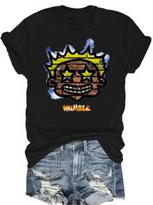 Camiseta con patrones interesantes para mujer y unisex, de verano, casual, transpirable, con cuello redondo, manga corta, estilo urbano y versátil, adecuada para adolescentes y adultos - Negro - Ver 1