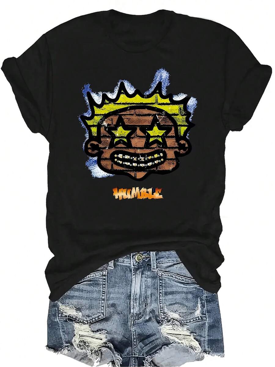 Camiseta con patrones interesantes para mujer y unisex, de verano, casual, transpirable, con cuello redondo, manga corta, estilo urbano y versátil, adecuada para adolescentes y adultos - Negro - Ver 1