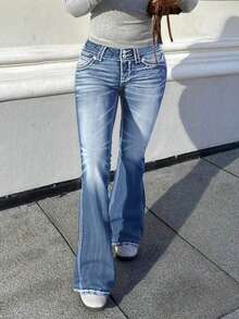 Women's Low-Rise Flared Jeans Stretch Trousers Double-Button Fly Butt-Lifting Pockets Sexy Y2K Retro Style Date Outfit - 淺色水洗藍 - 查看 4