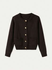 FOR BEAUTY 女士圆领单排扣长袖针织开衫，时尚简约，百搭休闲街头风，适合日常通勤，女士春季上衣 - 棕色 - 查看 6