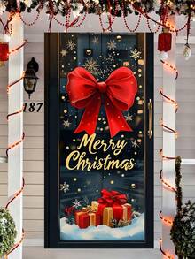 1 pièce/Bannière de porte thème Noël élégante, polyester durable avec un grand nœud rouge, 90 cm x 180 cm, Joyeux Noël, lettrage doré, éléments de boîte-cadeau et de flocons de neige, style classique des fêtes. Décoration suspendue en polyester, convient pour les porches de Noël, les décorations de porte de maison pour les fêtes, les fêtes d'hiver et les décors de photo de Noël.