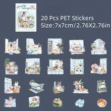 20 piezas Pegatinas de PET de la serie de estilo de vida festivo, pegatinas decorativas de PET, material básico creativo, pegatinas decorativas impermeables, ideales para manualidades de scrapbooking, suministros de diario, tabletas, teléfonos, fotos y artesanía, tarjetas (viaje, paseo por la ciudad, estancia en casa, campamento en el bosque, el mar, campos del campo)