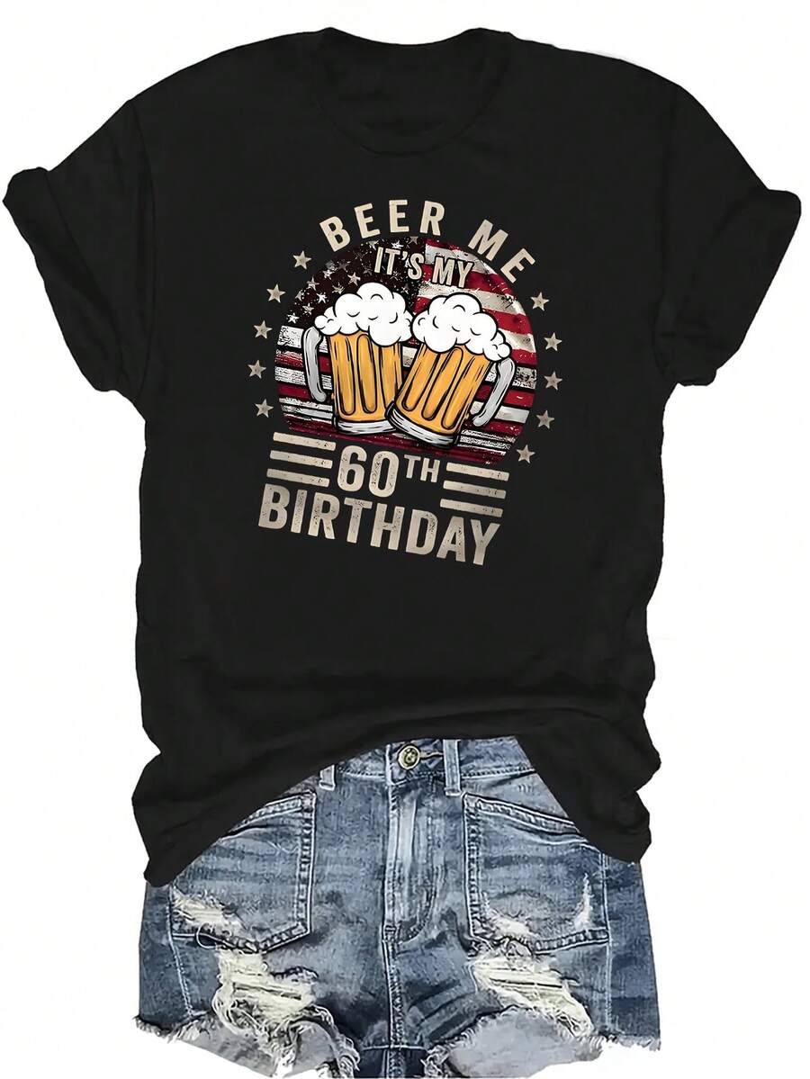 Camiseta "Es mi 60 cumpleaños" para mujer y unisex, de verano, casual, transpirable, con personalidad, cuello redondo, manga corta, ropa de calle, versátil, adecuada para adolescentes y adultos - Negro - Ver 1