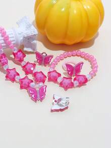 5pcs/10pcs Girls Pink Charm Beaded Butterfly, Pentagram, Flower Bracelet, Necklace, Ring, Earrings Jewelry Set, Suitable For BFFs, Little Sisters, Daily, Party, Birthday Gift - Multicolor - View 7