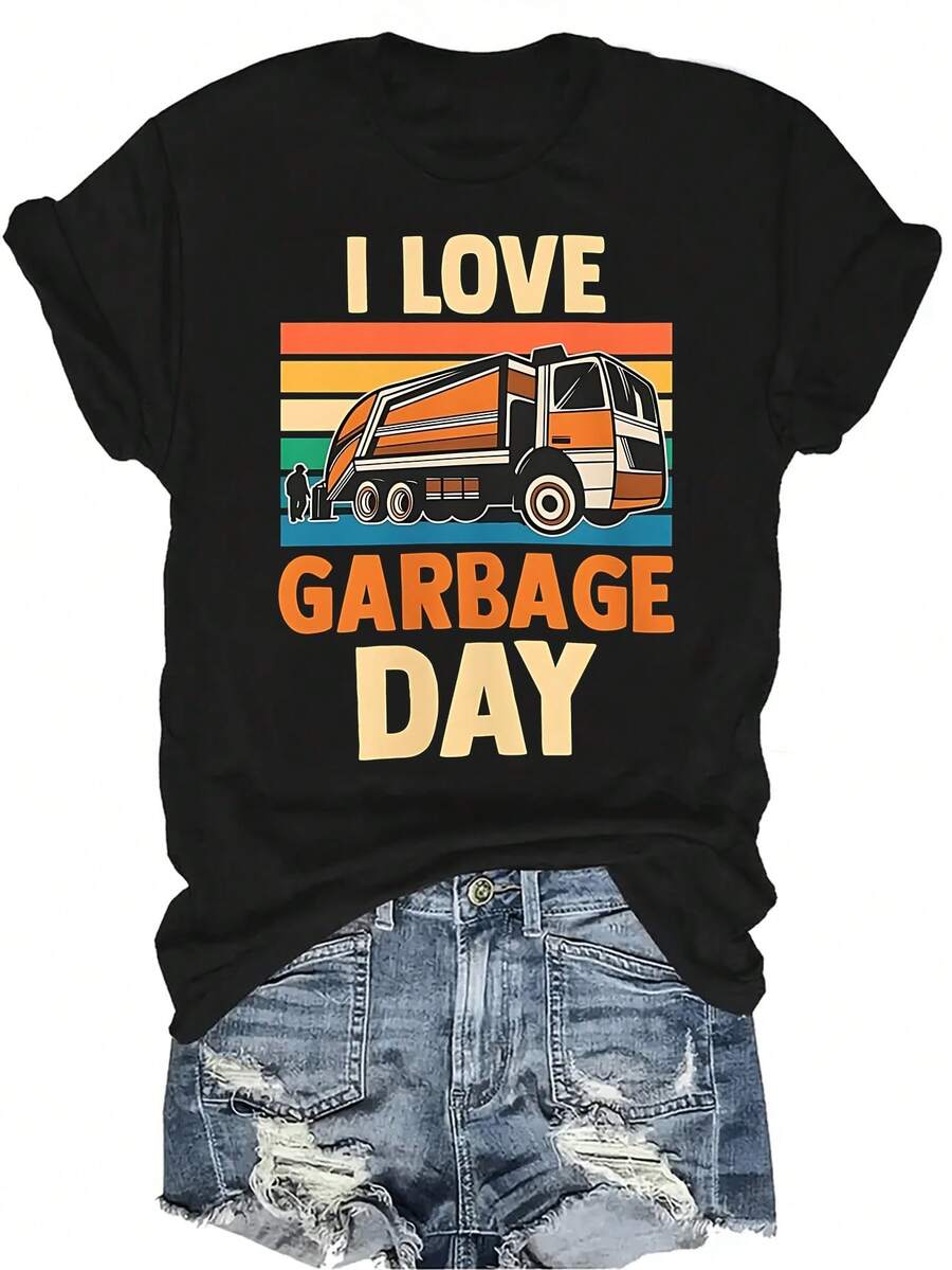Camiseta "Amo el día de la basura" para mujer y unisex, de verano, casual, transpirable, con personalidad, cuello redondo, manga corta, ropa de calle, versátil, adecuada para adolescentes y adultos - Negro - Ver 1