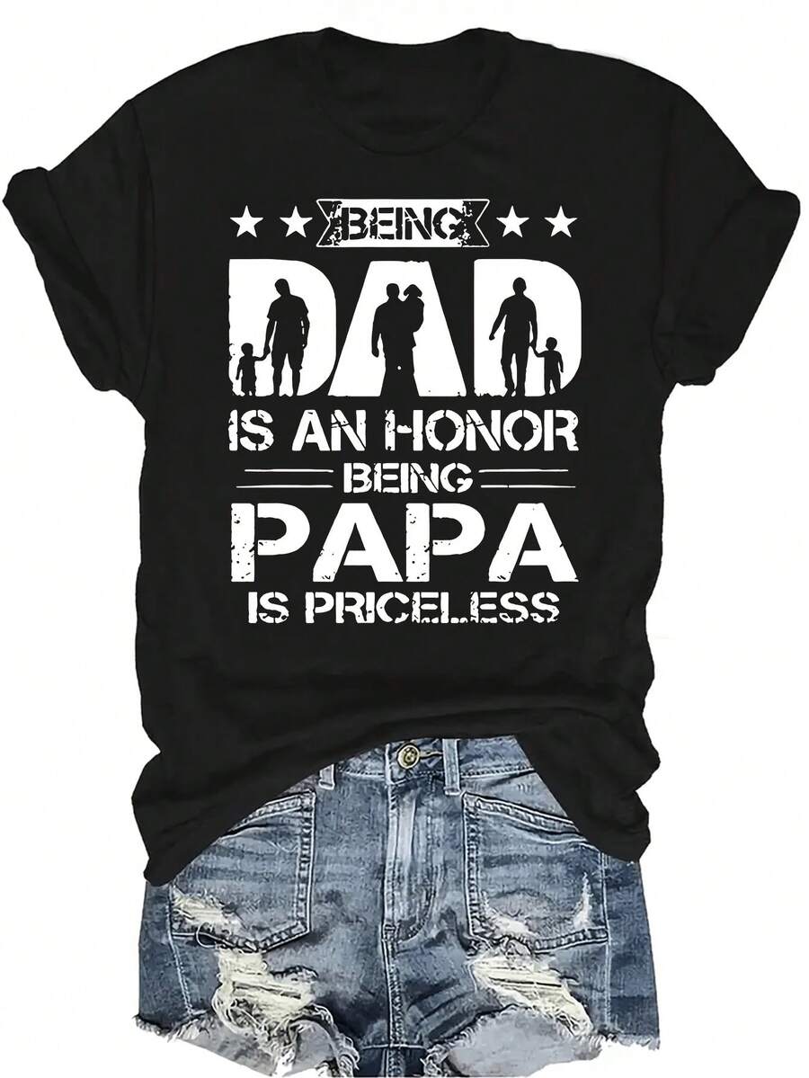 Camiseta con estampado PAPA para mujer y unisex, de verano, casual, transpirable, con cuello redondo, manga corta, estilo urbano y versátil, adecuada para adolescentes y adultos - Negro - Ver 1