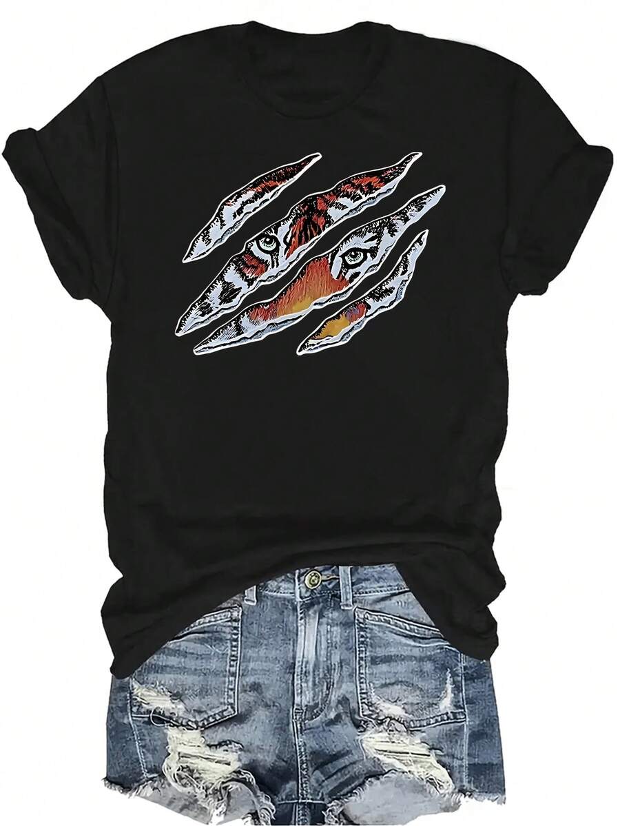 Camiseta con patrones interesantes para mujer y unisex, de verano, casual, transpirable, con cuello redondo, manga corta, estilo urbano y versátil, adecuada para adolescentes y adultos - Negro - Ver 1