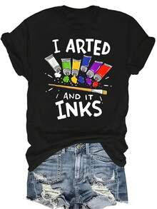 Camiseta de hombre con estampado de pigmento, camiseta de mujer unisex de verano, casual, transpirable, de cuello redondo, de manga corta, camiseta de streetwear versátil, adecuada para adolescentes y adultos - Negro - Ver 1