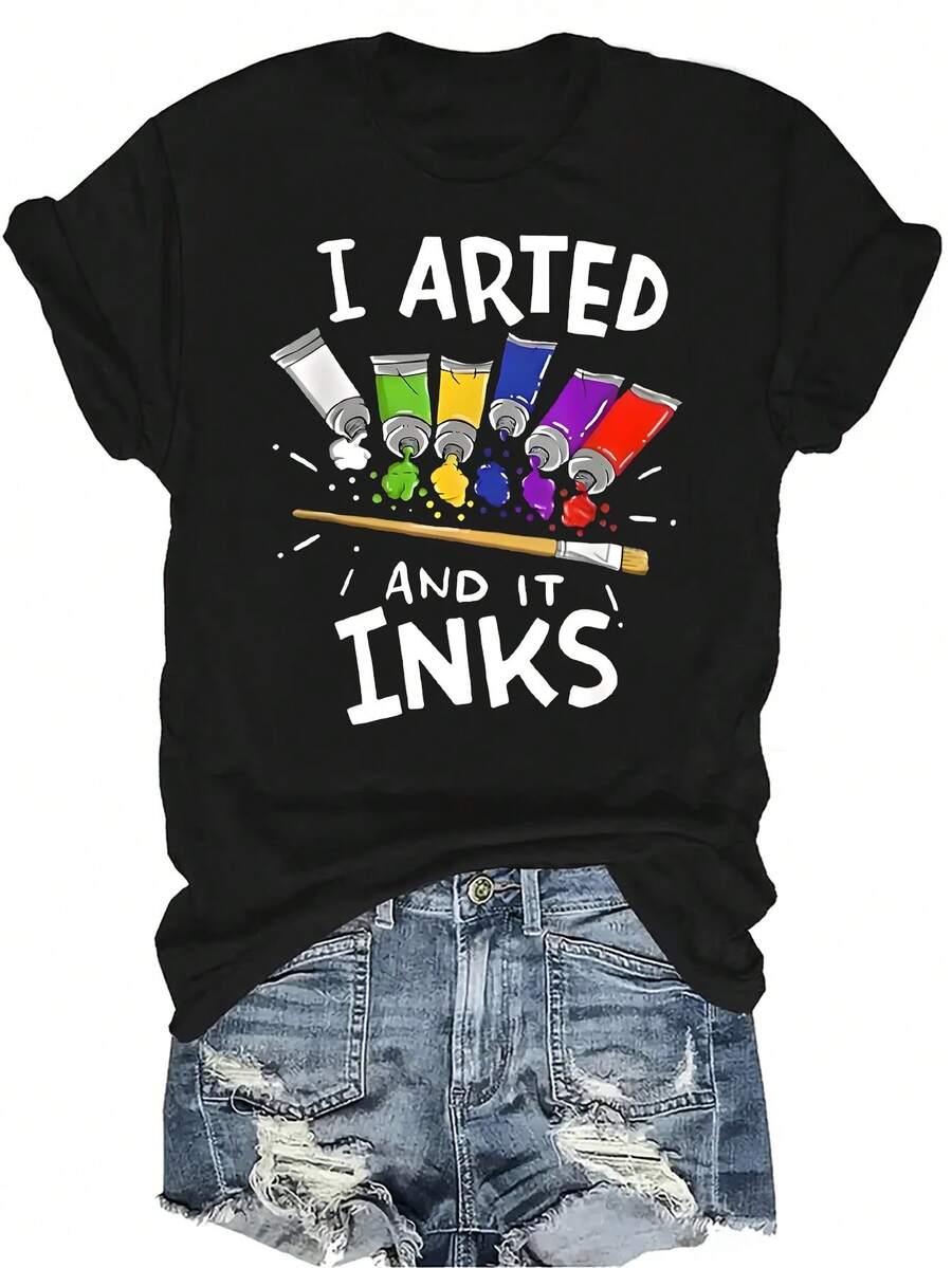 Camiseta de hombre con estampado de pigmento, camiseta de mujer unisex de verano, casual, transpirable, de cuello redondo, de manga corta, camiseta de streetwear versátil, adecuada para adolescentes y adultos - Negro - Ver 1