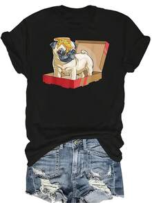 Camiseta de mujer y unisex con diseño de perro pug cachorro divertido en forma de rebanada de pizza, de estilo casual y transpirable, de cuello redondo y manga corta, adecuada para adolescentes y adultos - Negro - Ver 1