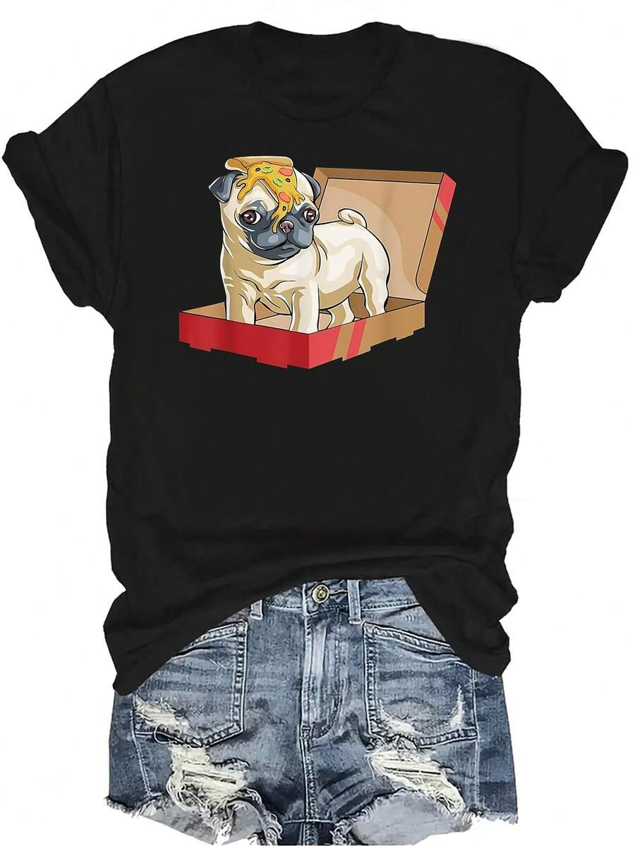 Camiseta de mujer y unisex con diseño de perro pug cachorro divertido en forma de rebanada de pizza, de estilo casual y transpirable, de cuello redondo y manga corta, adecuada para adolescentes y adultos - Negro - Ver 1