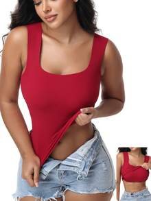 Women's Built-In Bra Tank Top Ribbed Slim Fit Wirefree Shelf Padded Tank Shirts Wide-Strap Square Neck Undershirt - Màu Đỏ Sâu - Xem 2