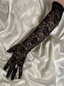 1 双黑色蕾丝花朵设计手套，新娘婚礼手部装饰 - 适合单身派对和婚礼装饰手套，万圣节，情人节，秋季配饰 - 彩色 - 查看 9