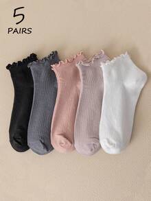 1/5 Pairs Women's Solid Color Ruffle Edge Casual Comfortable Soft Breathable Elegant Fashion Versatile Ankle Socks, Suitable For Daily Wear - Multicolor - View 8