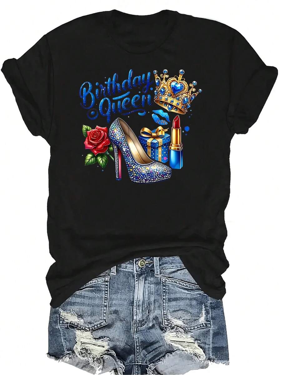 Camiseta "Reina de Cumpleaños" para mujer y unisex, de verano, casual, transpirable, con cuello redondo, manga corta, estilo callejero y versátil, adecuada para adolescentes y adultos - Negro - Ver 1