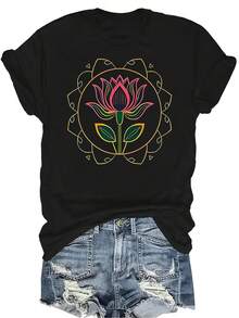 Camiseta de diseño intrincado para mujer y unisex, de verano, casual, transpirable, con personalidad, cuello redondo, manga corta, ropa de calle, versátil, adecuada para adolescentes y adultos - Negro - Ver 1