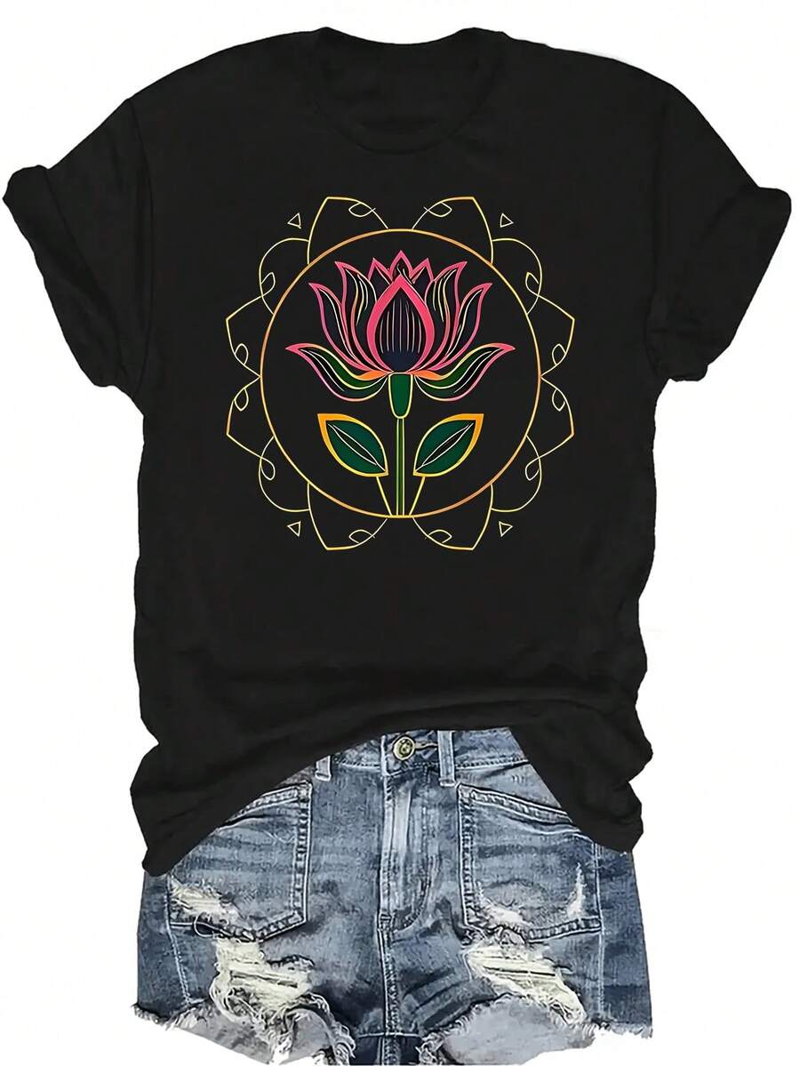 Camiseta de diseño intrincado para mujer y unisex, de verano, casual, transpirable, con personalidad, cuello redondo, manga corta, ropa de calle, versátil, adecuada para adolescentes y adultos - Negro - Ver 1